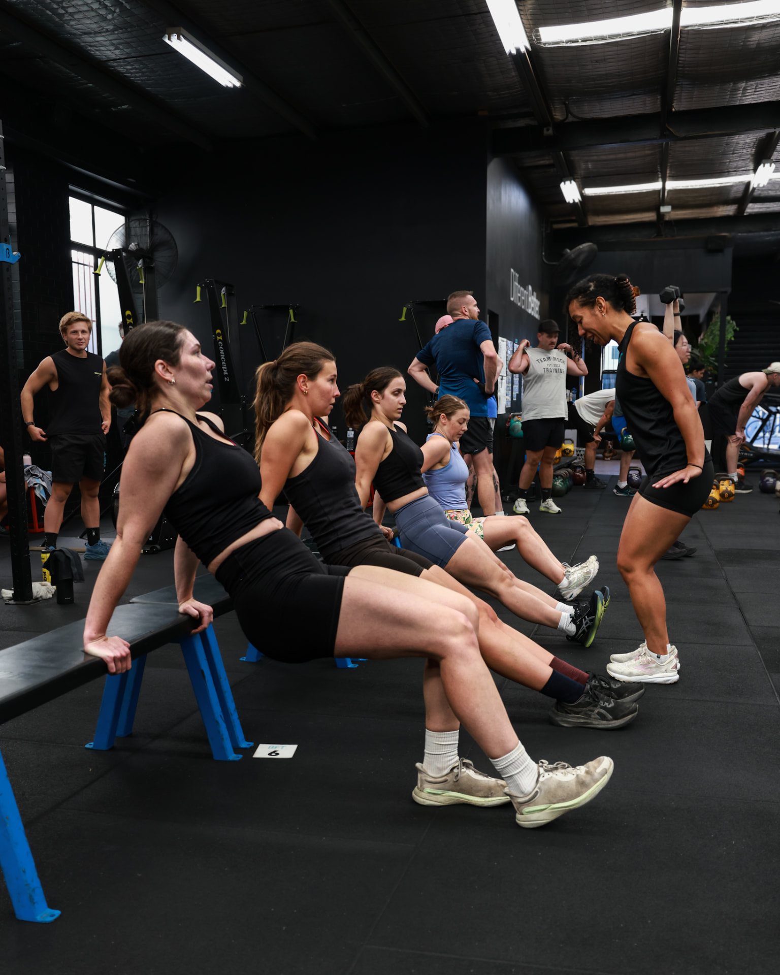 A row of members working through bench dips with a coach counting them down at BFT Abbotsford