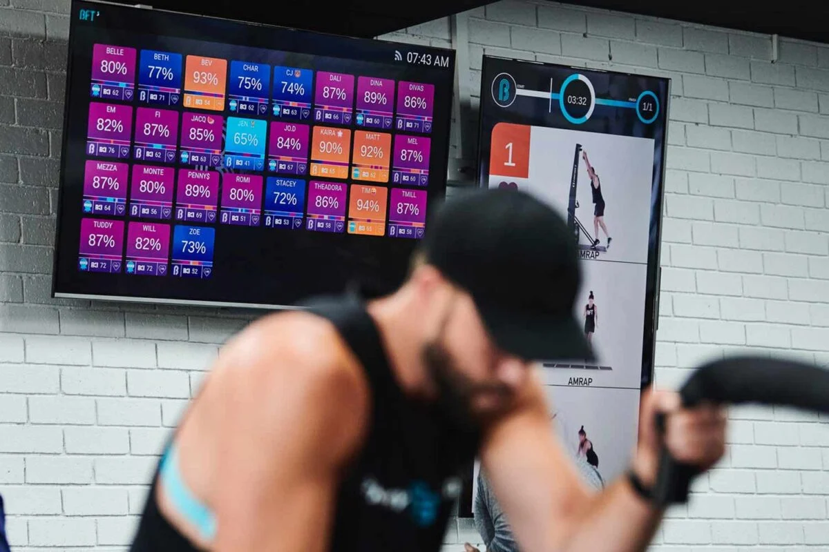 Live heart rate percentages for the whole class displayed on the studio screen